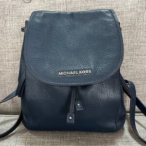 Michael Kors Riley Genuine Pebbled Leather Multi Pocket Navy Blue Backpack Bag